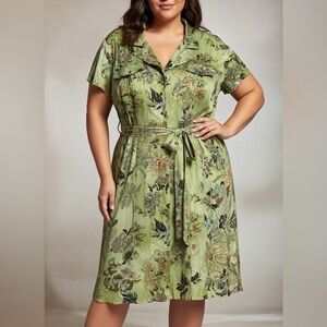 Emma James Green Dress with Floral Accents sz 24